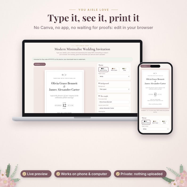 May include: A laptop and smartphone displaying a wedding invitation template editor with the text Type it, see it, print it. The interface shows fields for names, dates, and theme options, allowing users to customize and preview digital stationery.