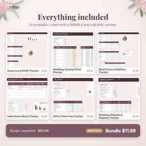 May include: A digital wedding planning bundle featuring six templates including a Guest List and RSVP Tracker, Seating Chart Planner, Meal Choice and Dietary Tracker, Hotel Room Block Tracker, Gift and Thank-You Tracker, and Registry Summary.