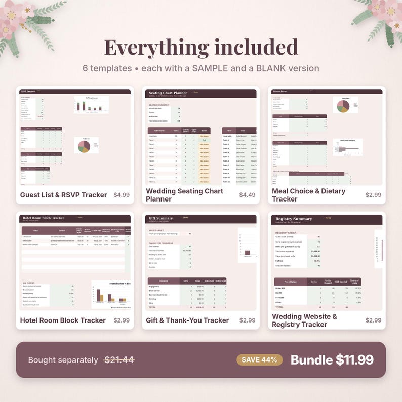 May include: A digital wedding planning bundle featuring six templates including a Guest List and RSVP Tracker, Seating Chart Planner, Meal Choice and Dietary Tracker, Hotel Room Block Tracker, Gift and Thank-You Tracker, and Registry Summary.