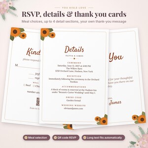 May include: Three white wedding stationery cards featuring sunflower illustrations in the corners. The center card displays text including Details, Olivia & James, Ceremony, Reception, Accommodations, and Dress Code with brown typography.