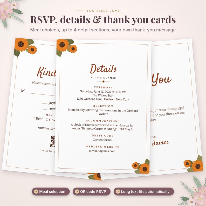 May include: Three white wedding stationery cards featuring sunflower illustrations in the corners. The center card displays text including Details, Olivia & James, Ceremony, Reception, Accommodations, and Dress Code with brown typography.