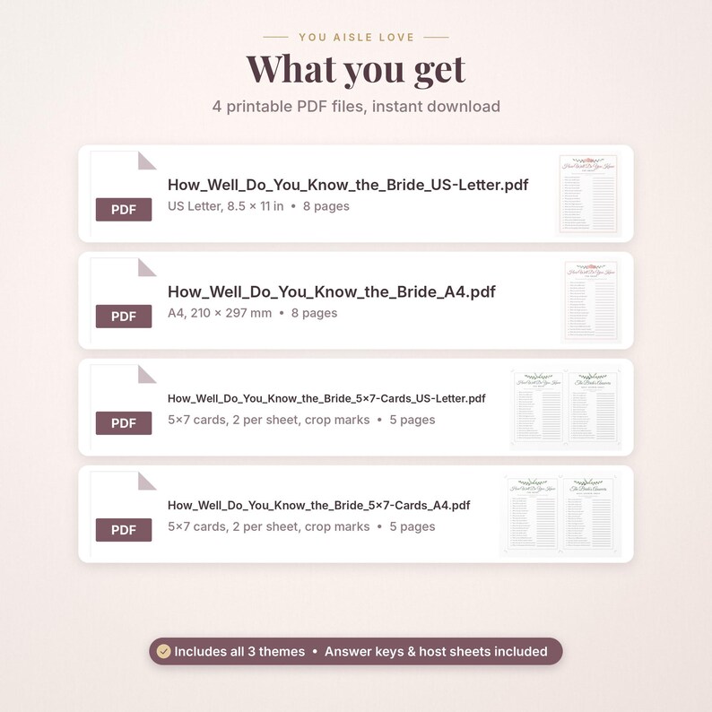 May include: Four printable PDF files for a How Well Do You Know the Bride game. Includes US Letter 8.5 x 11 inch and A4 sizes, plus 5 x 7 inch cards with crop marks. Features answer keys and host sheets for the bridal shower activity.