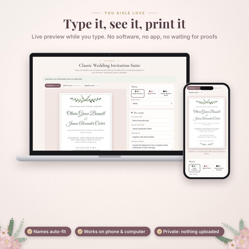 May include: A laptop and smartphone displaying a digital wedding invitation editor with the text Type it, see it, print it. The interface shows a Classic Wedding Invitation Suite with editable fields for names and event details, featuring a green leaf graphic.