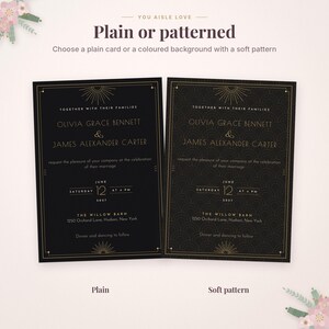May include: Two black wedding invitation cards with gold text and sunburst accents. One card features a plain black background, while the other displays a subtle, repeating scalloped pattern. The text includes names Olivia Grace Bennett and James Alexander Carter, the date June 12, 2027, and the location The Willow Barn, 1250 Orchard Lane, Hudson, New York.