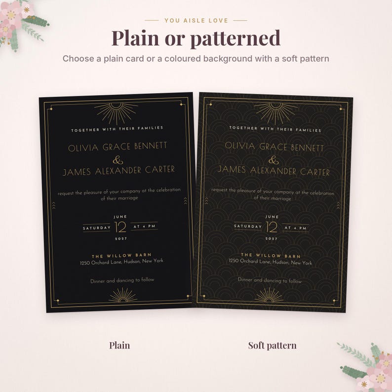 May include: Two black wedding invitation cards with gold text and sunburst accents. One card features a plain black background, while the other displays a subtle, repeating scalloped pattern. The text includes names Olivia Grace Bennett and James Alexander Carter, the date June 12, 2027, and the location The Willow Barn, 1250 Orchard Lane, Hudson, New York.