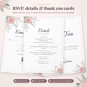 May include: A set of three white wedding stationery cards featuring pink rose illustrations and dark blue text. The cards include RSVP, details, and thank you sections with printed information for Olivia and James, including ceremony and reception venue details.