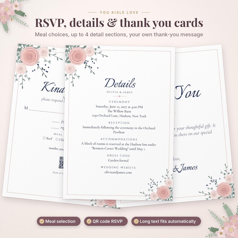 May include: A set of three white wedding stationery cards featuring pink rose illustrations and dark blue text. The cards include RSVP, details, and thank you sections with printed information for Olivia and James, including ceremony and reception venue details.