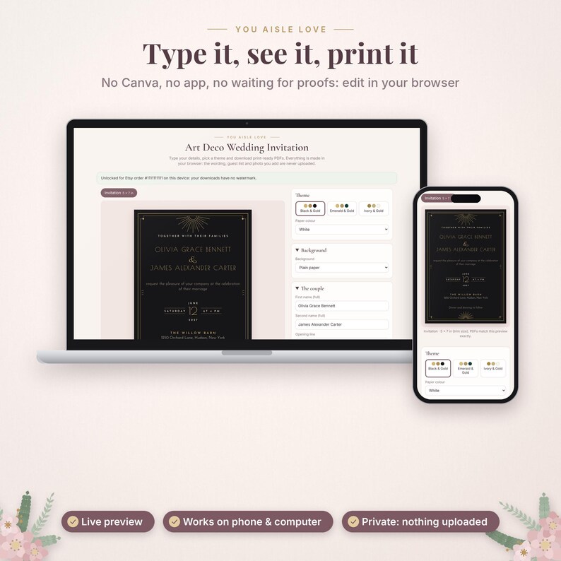 May include: A laptop and a smartphone displaying a web-based wedding invitation editor. The screen shows an Art Deco style black and gold invitation template with editable text fields, theme selection menus, and the text Type it, see it, print it.