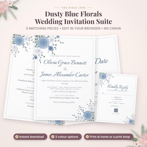 May include: A wedding invitation suite featuring dusty blue floral illustrations. The text reads: You Aisle Love, Dusty Blue Florals Wedding Invitation Suite, 5 Matching Pieces, Edit In Your Browser, No Canva, Olivia Grace Bennett & James Alexander Carter.