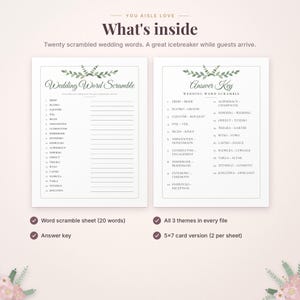 May include: Two white paper sheets featuring a wedding word scramble game and an answer key. Both sheets display green leaf illustrations at the top. The text includes "Wedding Word Scramble" and "Answer Key" with lists of twenty scrambled words.