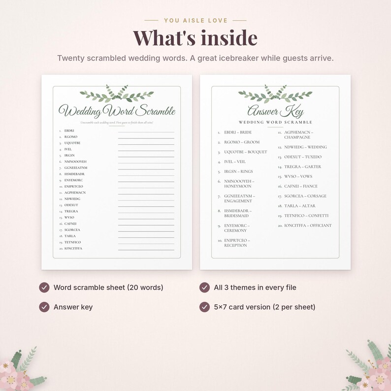 May include: Two white paper sheets featuring a wedding word scramble game and an answer key. Both sheets display green leaf illustrations at the top. The text includes "Wedding Word Scramble" and "Answer Key" with lists of twenty scrambled words.