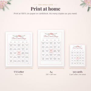 May include: A digital Bar Crawl Bingo game set featuring floral accents and the text 'You Aisle Love' and 'Print at home'. Includes three layout variations labeled US Letter 8.5 x 11 in, A4 210 x 297 mm, and 5x7 cards 2 per sheet.