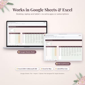 May include: A digital wedding seating chart planner displayed on two laptop screens. The interface features dark maroon headers, light beige backgrounds, and organized tables for guest names and table assignments. Text includes Works in Google Sheets & Excel, Google Sheets (free), Microsoft Excel, Excel 2016+ & Microsoft 365, Excel for Mac, LibreOffice Calc, and Google Sheets: File > Import > Upload. Not designed for Apple Numbers.