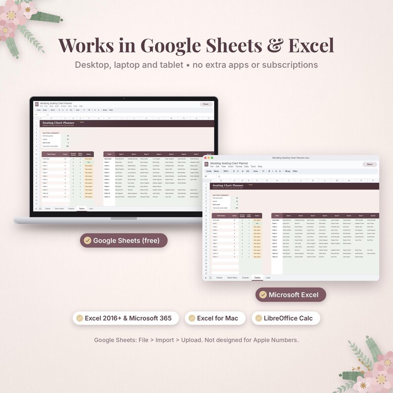 May include: A digital wedding seating chart planner displayed on two laptop screens. The interface features dark maroon headers, light beige backgrounds, and organized tables for guest names and table assignments. Text includes Works in Google Sheets & Excel, Google Sheets (free), Microsoft Excel, Excel 2016+ & Microsoft 365, Excel for Mac, LibreOffice Calc, and Google Sheets: File > Import > Upload. Not designed for Apple Numbers.