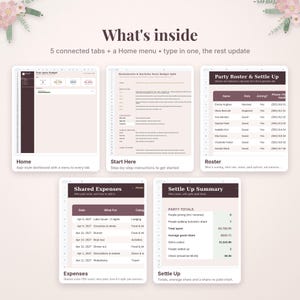 May include: A digital party budget planner template featuring five connected tabs and a home menu. The interface includes sections for a home dashboard, start instructions, a party roster, shared expenses, and a settle up summary.