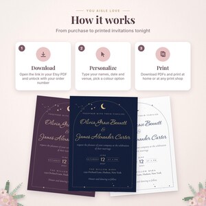 May include: An instructional graphic titled How it works with three steps: Download, Personalize, and Print. Below are three wedding invitation templates in dark purple, navy blue, and white, featuring celestial arch designs.