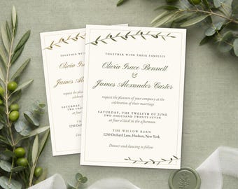 May include: A cream-colored wedding invitation card featuring a dark green olive branch illustration at the top and bottom. The text reads: Together with their families, Olivia Grace Bennett and James Alexander Carter request the pleasure of your company at the celebration of their marriage, Saturday, the twelfth of June, two thousand twenty-seven, at four o'clock in the afternoon, The Willow Barn, 1250 Orchard Lane, Hudson, New York, dinner and dancing to follow.
