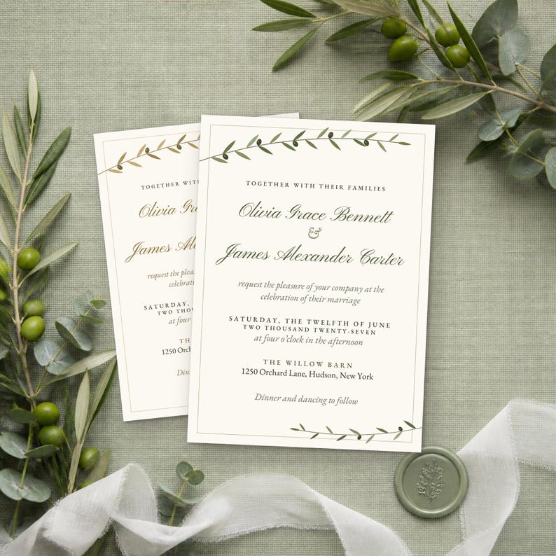 Puede incluir: Una tarjeta de invitaci&oacute;n de boda color crema con una ilustraci&oacute;n de rama de olivo verde oscuro en la parte superior e inferior. El texto dice: Together with their families, Olivia Grace Bennett and James Alexander Carter request the pleasure of your company at the celebration of their marriage, Saturday, the twelfth of June, two thousand twenty-seven, at four o'clock in the afternoon, The Willow Barn, 1250 Orchard Lane, Hudson, New York, dinner and dancing to follow.