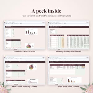 May include: Four digital spreadsheet templates displayed on screens, including a Guest List & RSVP Tracker, Wedding Seating Chart Planner, Meal Choice & Dietary Tracker, and Hotel Room Block Tracker, featuring dark maroon headers and charts.