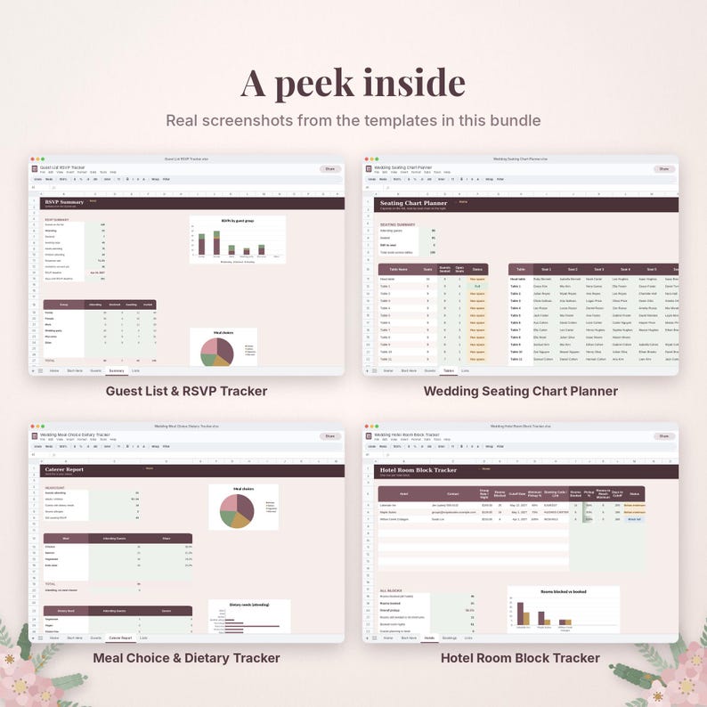 May include: Four digital spreadsheet templates displayed on screens, including a Guest List & RSVP Tracker, Wedding Seating Chart Planner, Meal Choice & Dietary Tracker, and Hotel Room Block Tracker, featuring dark maroon headers and charts.