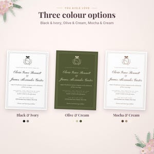 K&ouml;nnte beinhalten: Drei Hochzeitskarten-Vorlagen mit dem Text You Aisle Love und Three colour options. Die Designs zeigen die Namen Olivia Grace Bennett und James Alexander Carter in schwarzen, olivfarbenen und mokkafarbenen Farbschemata mit Blumenakzenten.