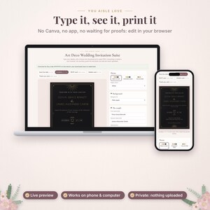 K&ouml;nnte beinhalten: Ein Laptop und ein Smartphone zeigen einen Editor f&uuml;r eine Art-D&eacute;co-Hochzeitseinladungssuite. Der Bildschirm zeigt Textfelder f&uuml;r Namen und Veranstaltungsdetails mit einem schwarz-goldenen Design. Die Benutzeroberfl&auml;che enth&auml;lt Optionen f&uuml;r Themen, Papierfarbe und Hintergrundeinstellungen.