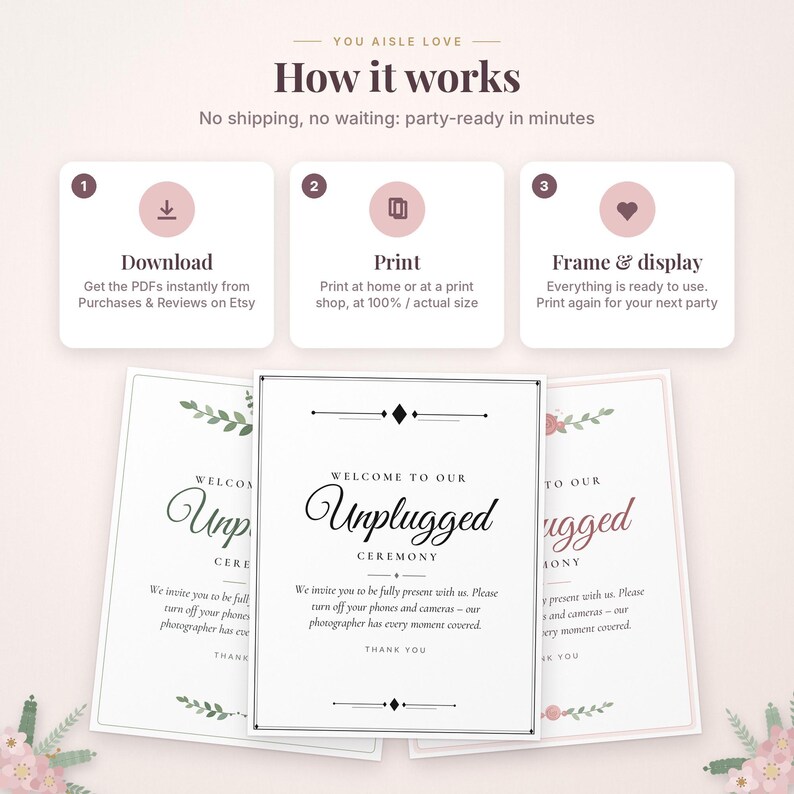 May include: An instructional graphic titled How it works with three steps: Download, Print, and Frame & display. Below are three rectangular signs with the text Welcome to our Unplugged Ceremony, featuring black, green, and pink floral accents.