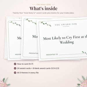 May include: A set of white rectangular award cards featuring green leaf illustrations, the text "THE AWARD FOR", "Most Likely to Cry First at the Wedding", and "PRESENTED TO". The cards measure 3.5 by 2.5 inches, with additional 5 by 7 inch cards.