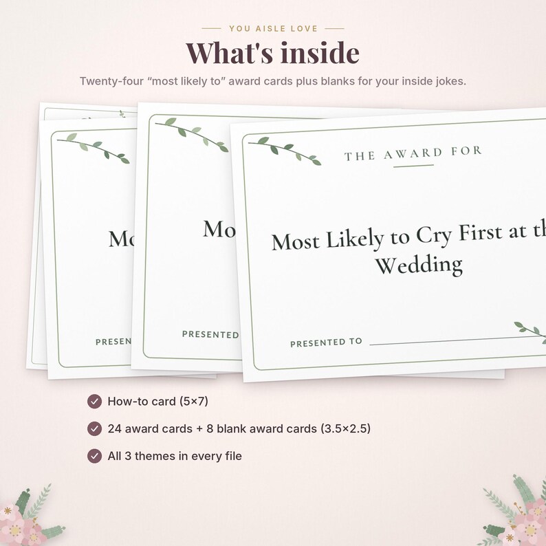 May include: A set of white rectangular award cards featuring green leaf illustrations, the text "THE AWARD FOR", "Most Likely to Cry First at the Wedding", and "PRESENTED TO". The cards measure 3.5 by 2.5 inches, with additional 5 by 7 inch cards.