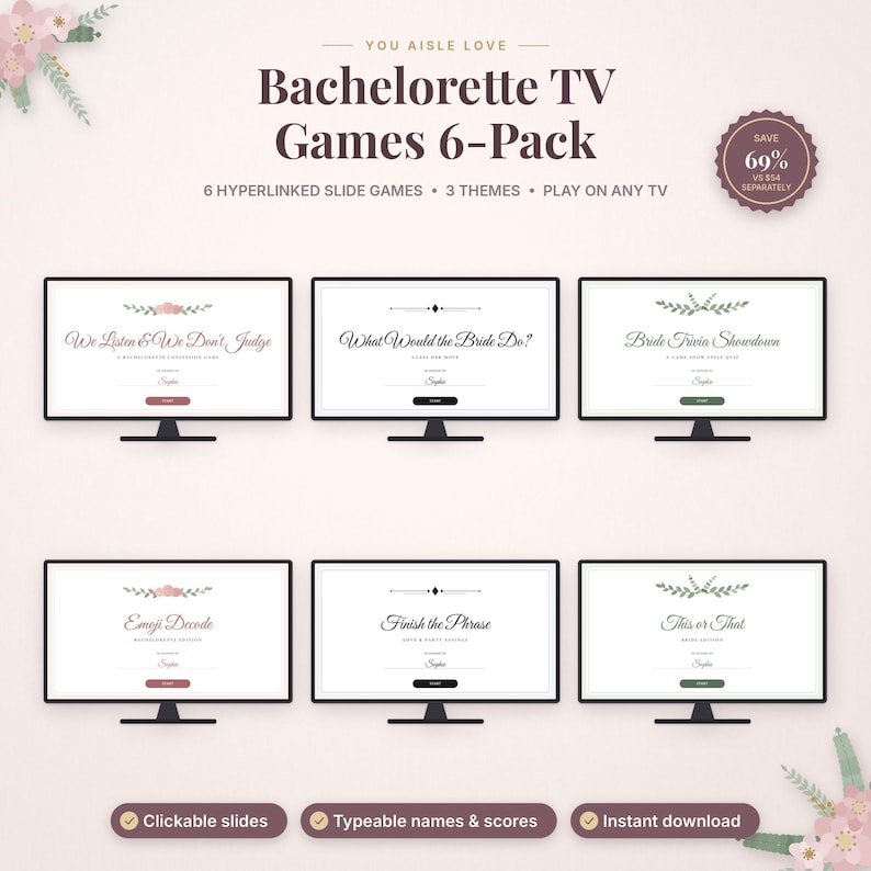 May include: A digital 6-pack of Bachelorette TV games featuring hyperlinked slides. The display shows six screens with titles including We Listen & We Don't Judge, What Would the Bride Do?, Bride Trivia Showdown, Emoji Decode, Finish the Phrase, and This or That.