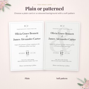 May include: Two wedding invitation cards with black text on white backgrounds. The left card is plain white, while the right card features a faint, large ampersand pattern. Text includes names Olivia Grace Bennett and James Alexander Carter, date June 12, 2027, and location The Willow Barn, 1250 Orchard Lane, Hudson, New York.