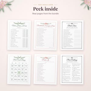 May include: Six white printable game sheets for a bachelorette party featuring black text and floral accents. Titles include Never Have I Ever, Bachelorette Scavenger Hunt, Bride Trivia, Bar Crawl Bingo, Drink It, and Photo Challenge.