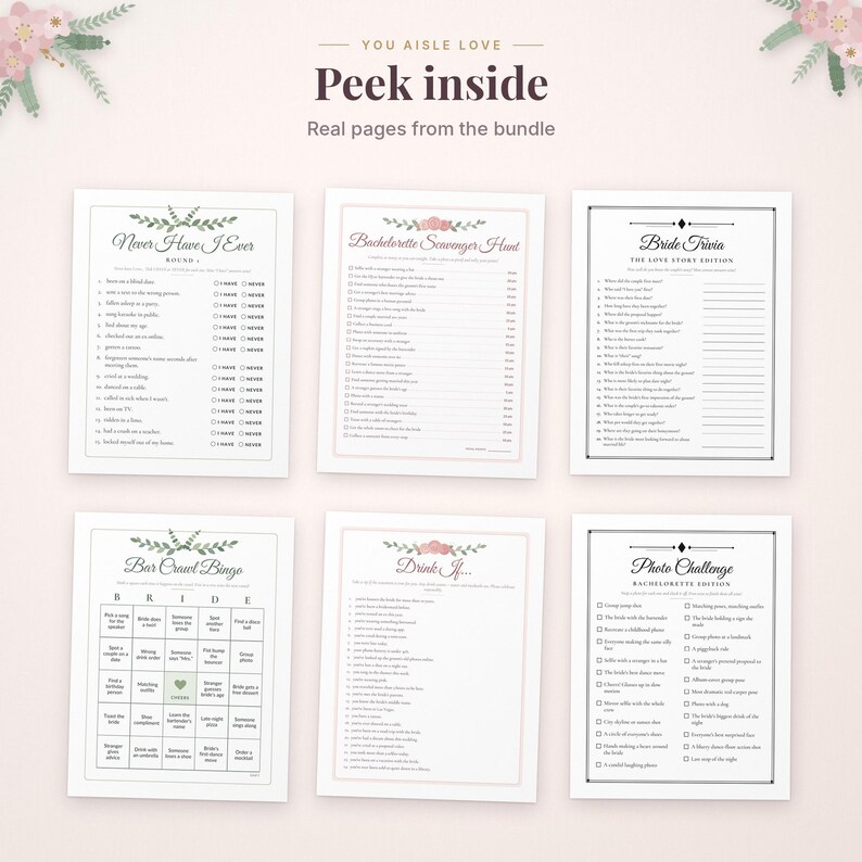 May include: Six white printable game sheets for a bachelorette party featuring black text and floral accents. Titles include Never Have I Ever, Bachelorette Scavenger Hunt, Bride Trivia, Bar Crawl Bingo, Drink It, and Photo Challenge.