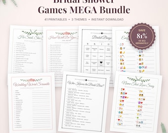 Pode incluir: Uma coleção digital de jogos para chá de panela intitulada Bridal Shower Games MEGA Bundle, com 41 folhas imprimíveis em 3 temas. O conjunto inclui jogos como Bridal Bingo, Wedding Word Scramble e Name That Love Song.