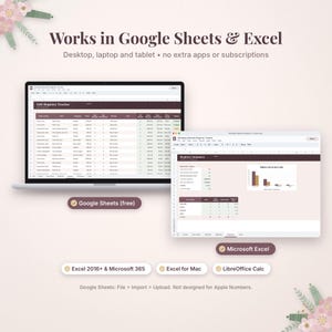 May include: A digital gift registry tracker spreadsheet displayed on two screens, featuring columns for items, categories, and prices. Text includes Works in Google Sheets & Excel, Google Sheets (free), Microsoft Excel, Excel 2016+ & Microsoft 365, Excel for Mac, and LibreOffice Calc.