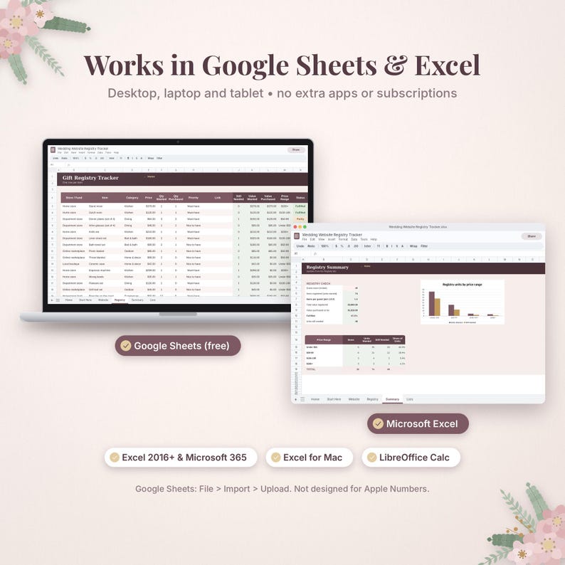 May include: A digital gift registry tracker spreadsheet displayed on two screens, featuring columns for items, categories, and prices. Text includes Works in Google Sheets & Excel, Google Sheets (free), Microsoft Excel, Excel 2016+ & Microsoft 365, Excel for Mac, and LibreOffice Calc.