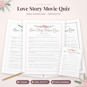 Pode incluir: Um jogo de quiz de filmes de amor para ch&aacute; de panela, imprim&iacute;vel, com um cabe&ccedil;alho floral de rosas cor-de-rosa e folhas verdes. O documento inclui dez descri&ccedil;&otilde;es de filmes numeradas, um t&iacute;tulo e um l&aacute;pis sobre um fundo branco.