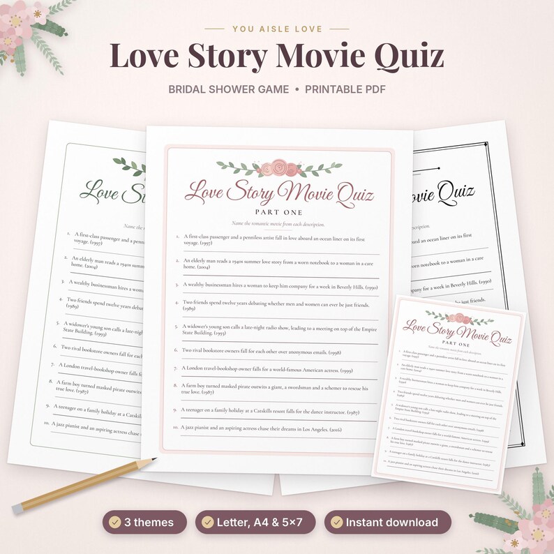Pode incluir: Um jogo de quiz de filmes de amor para ch&aacute; de panela, imprim&iacute;vel, com um cabe&ccedil;alho floral de rosas cor-de-rosa e folhas verdes. O documento inclui dez descri&ccedil;&otilde;es de filmes numeradas, um t&iacute;tulo e um l&aacute;pis sobre um fundo branco.