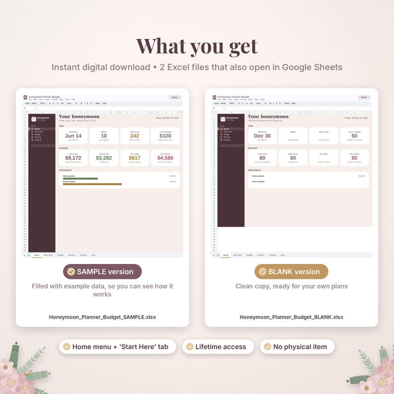 May include: A digital honeymoon budget planner template featuring two Excel files, one sample version with example data and one blank version for personal use, displayed on a light background with the text What you get.