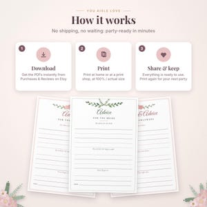 May include: An instructional graphic titled You Aisle Love How it works with three steps: Download, Print, and Share & keep. Below are three printable Advice for the bride cards featuring green leaf and pink floral illustrations with lined sections.