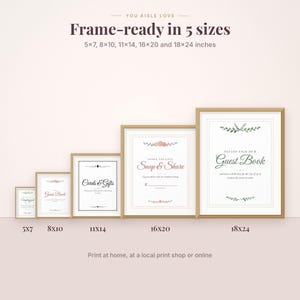 May include: Five rectangular wedding signs in gold frames, ranging from 12.7x17.8 cm to 45.7x61 cm. The signs feature white backgrounds with black text and floral accents, including labels for Unplugged, Guest Book, Cards & Gifts, and Snap & Share.
