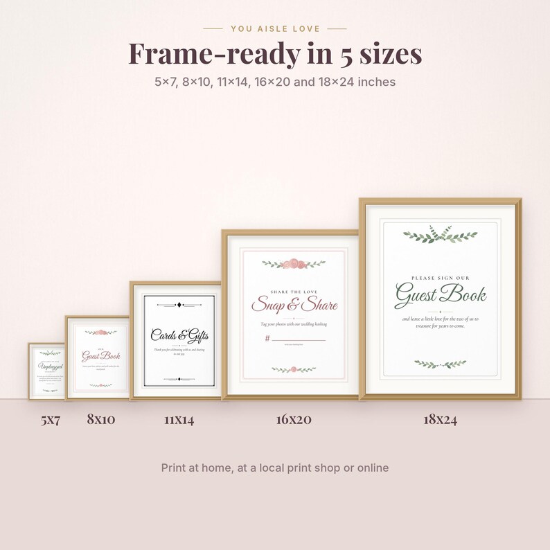 May include: Five rectangular wedding signs in gold frames, ranging from 12.7x17.8 cm to 45.7x61 cm. The signs feature white backgrounds with black text and floral accents, including labels for Unplugged, Guest Book, Cards & Gifts, and Snap & Share.