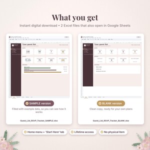 May include: A digital guest list and RSVP tracker spreadsheet template featuring two versions: a sample version with example data and a blank version for personal use. The interface includes tabs for home, start here, and summary.