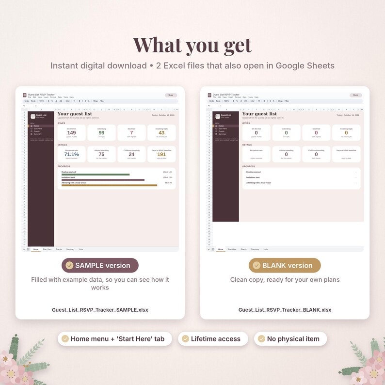 May include: A digital guest list and RSVP tracker spreadsheet template featuring two versions: a sample version with example data and a blank version for personal use. The interface includes tabs for home, start here, and summary.