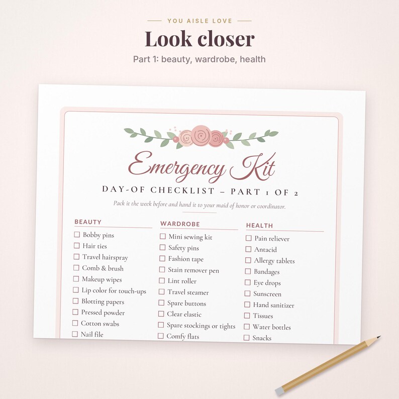May include: A white rectangular checklist titled Emergency Kit Day-of Checklist Part 1 of 2, featuring pink floral illustrations at the top. It includes three columns labeled Beauty, Wardrobe, and Health with checkboxes for items.