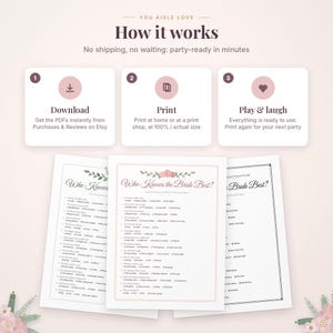 May include: A digital party game instruction graphic titled How it works with three steps: Download, Print, and Play & laugh. Below are three Who Knows the Bride Best? game sheets featuring floral accents, multiple-choice questions, and checkboxes.