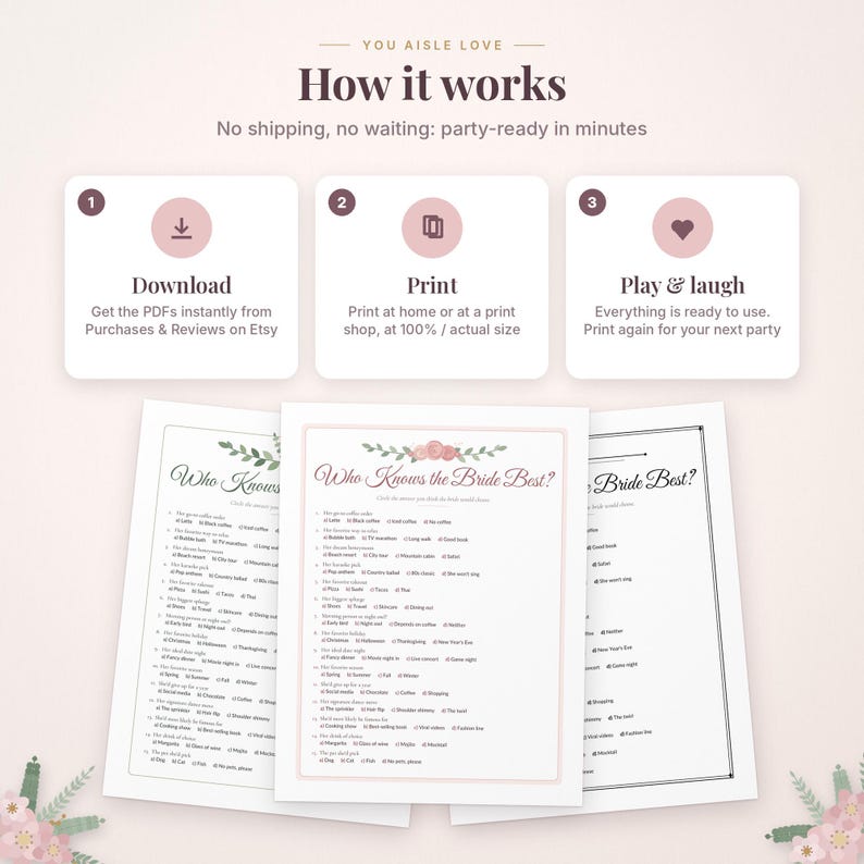May include: A digital party game instruction graphic titled How it works with three steps: Download, Print, and Play & laugh. Below are three Who Knows the Bride Best? game sheets featuring floral accents, multiple-choice questions, and checkboxes.