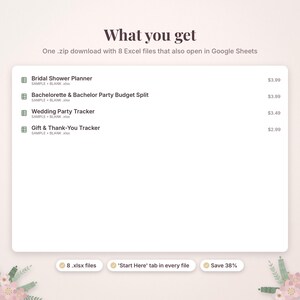 May include: A digital product listing titled What you get, featuring a zip download with 8 Excel files. The list includes a Bridal Shower Planner, Bachelorette & Bachelor Party Budget Split, Wedding Party Tracker, and Gift & Thank-You Tracker.