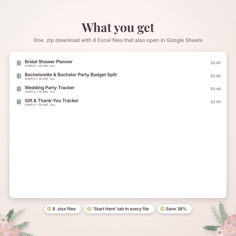 May include: A digital product listing titled What you get, featuring a zip download with 8 Excel files. The list includes a Bridal Shower Planner, Bachelorette & Bachelor Party Budget Split, Wedding Party Tracker, and Gift & Thank-You Tracker.