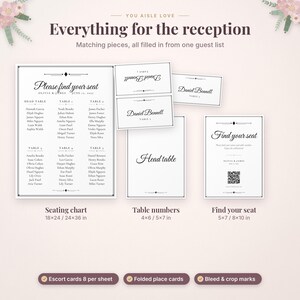 May include: A wedding reception stationery set featuring a large seating chart, table number cards, and a find your seat sign with a QR code. The white paper items have black text and decorative borders. Sizes include 18x24, 24x36, 4x6, 5x7, and 8x10 inches.